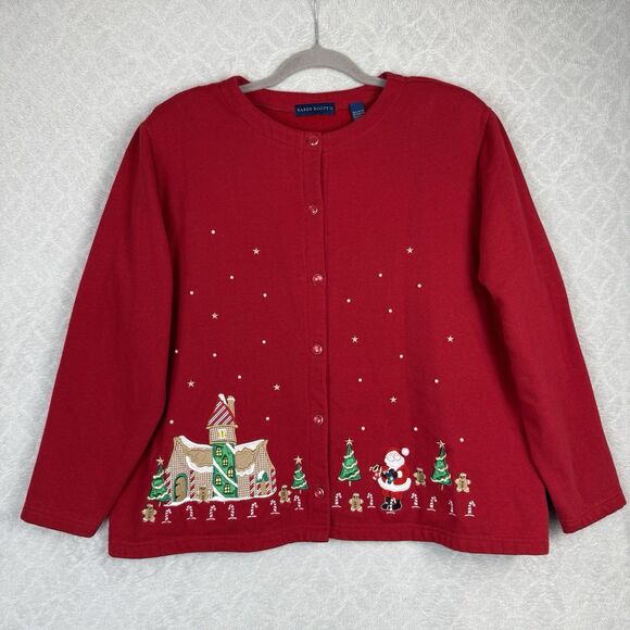 Karen Scott Sweaters - Vtg Christmas Cardigan Jacket Womens 1X Red Embroidery Santa Holiday Grandmacore